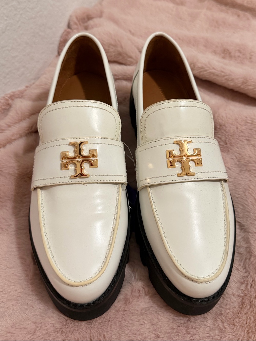 Tory Burch Cream Leather Logo Penny Loafers with Gold Emblem